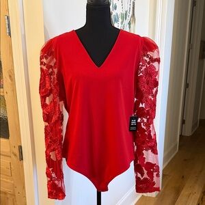 Express Red Lace Sleeve Bodysuit